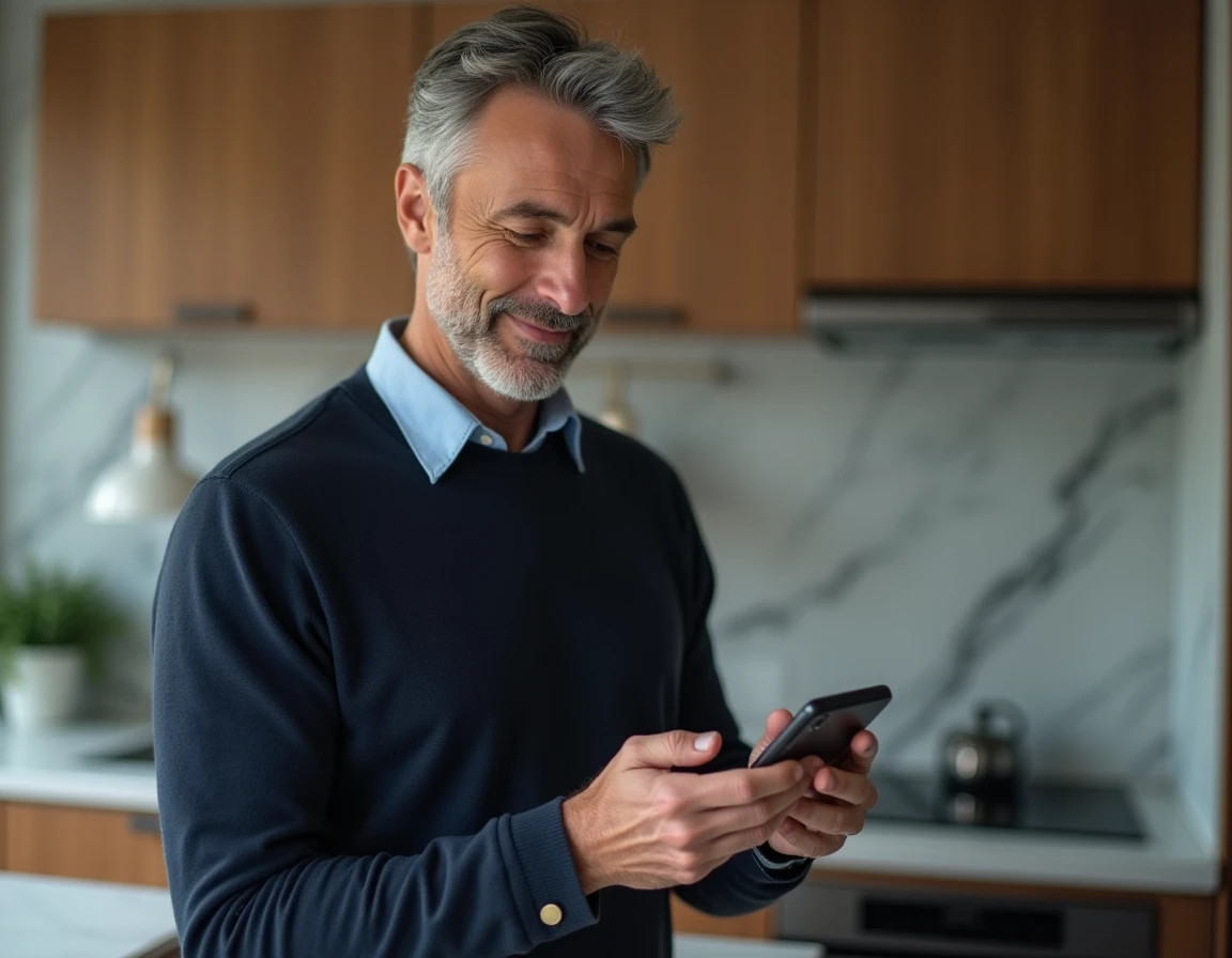 Employé consultant le portail d'achat L'Oréal pour le personnel sur son smartphone à domicile