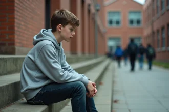 Adolescent assis seul sur des marches d'école, regard pensif vers le sol, illustrant le poids d'une étiquette imposée par les autres