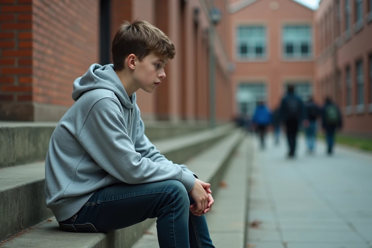 Adolescent assis seul sur des marches d'école, regard pensif vers le sol, illustrant le poids d'une étiquette imposée par les autres