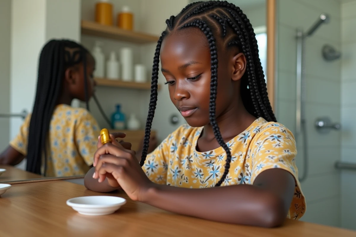 Adolescente noire appliquant une huile sur ses tresses