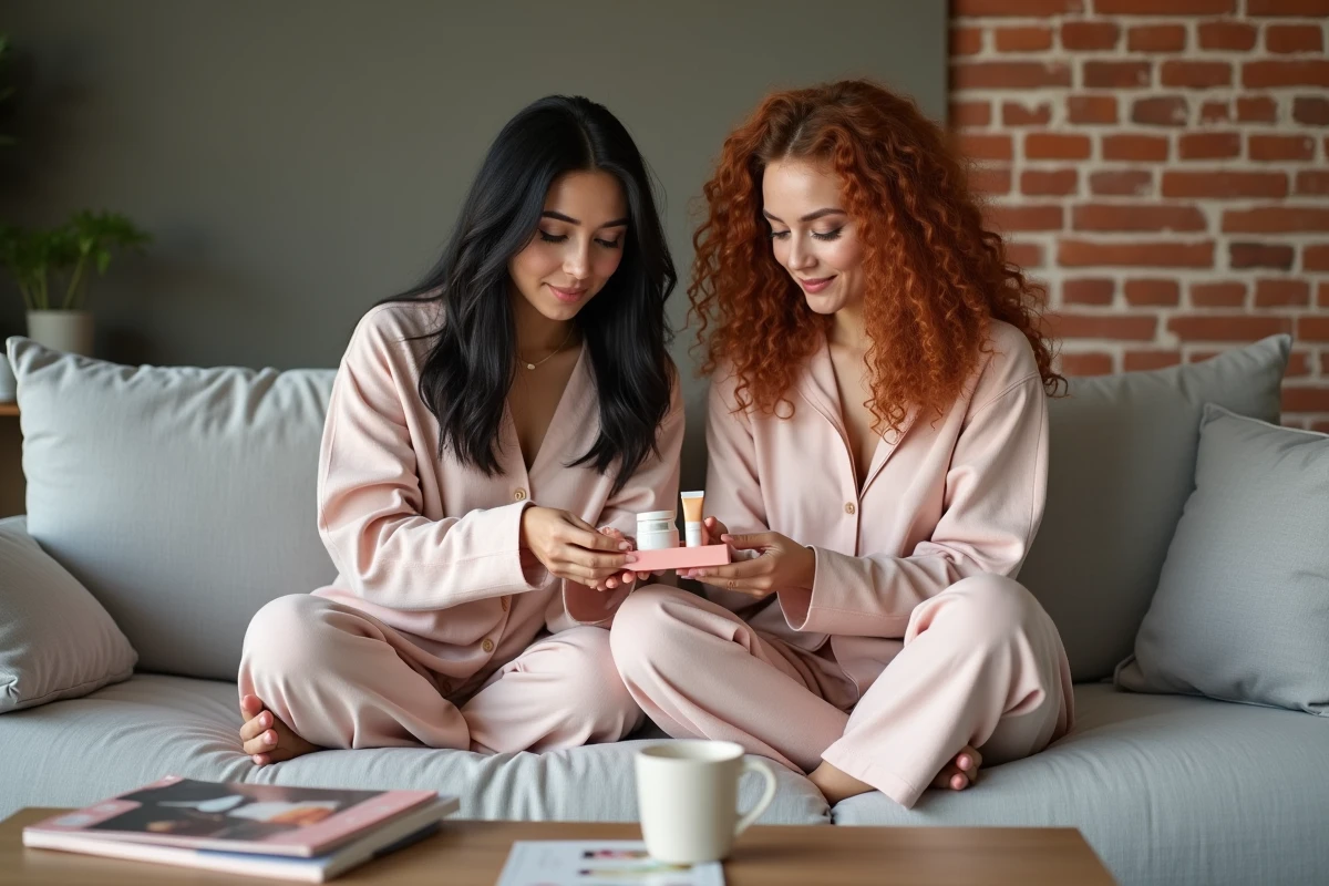 Deux amies comparant les produits du calendrier de l'Avent YesStyle K-beauty dans un salon cosy