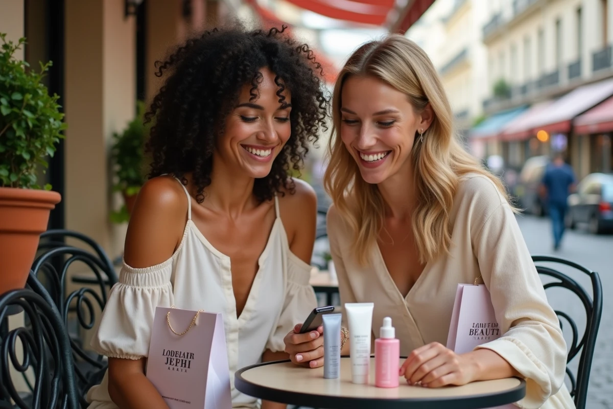 Deux amies comparant leurs achats de maquillage en vente flash à une terrasse de café avec des sacs de cosmétiques pas chers