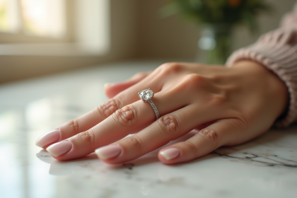 Détail d'une main avec un anneau diamant classique