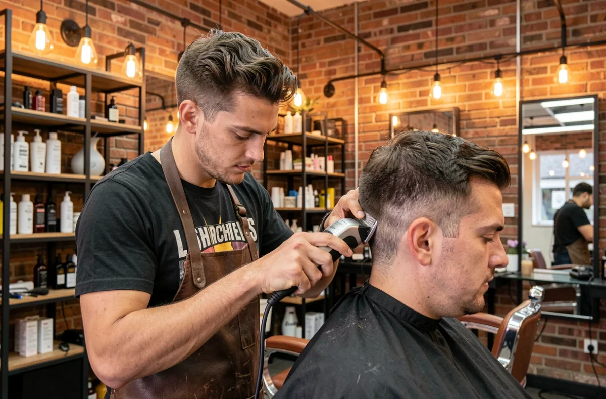 Barbier réalisant un dégradé avec une tondeuse au salon Anthony Style à La Rochelle