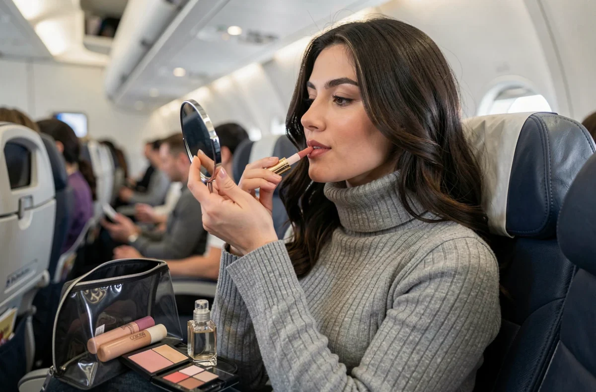 Femme appliquant un baume teinté avec miroir compact dans un siège d'avion, trousse beauté transparente sur les genoux