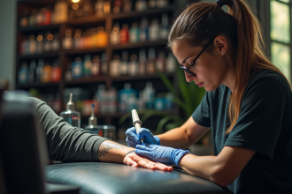 Artiste tatoueur travaillant dans un studio lumineux à Paris