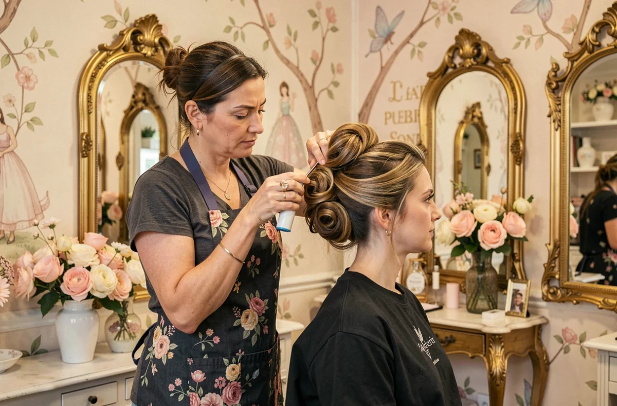 Coiffeuse réalisant un chignon élégant dans le salon féerique L'Atelier des Fées à Senlis avec décor enchanté et miroirs dorés