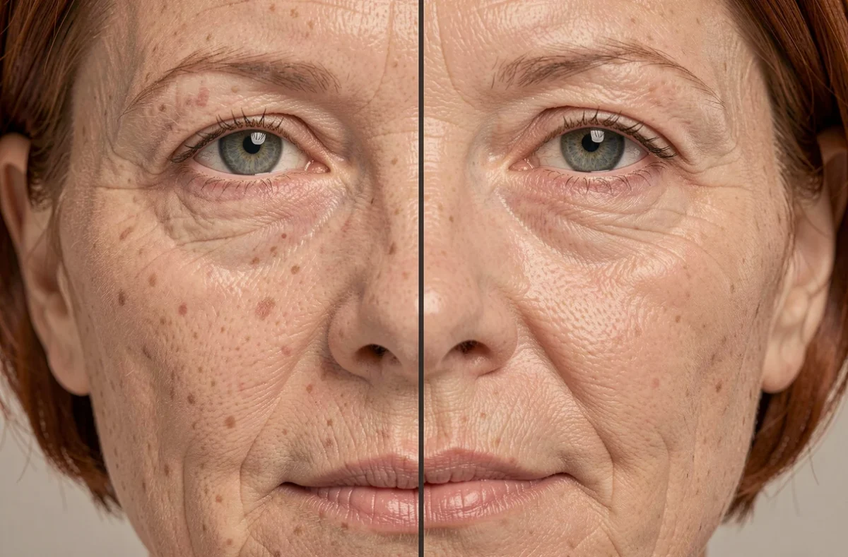 Photo avant après montrant l'effet de la crème Wrinkle Power sur les rides autour des yeux d'une femme de 55 ans
