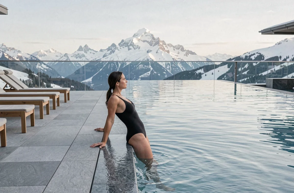 Femme dans la piscine à débordement des Bains du Mont-Blanc à Saint-Gervais avec le massif du Mont-Blanc en arrière-plan