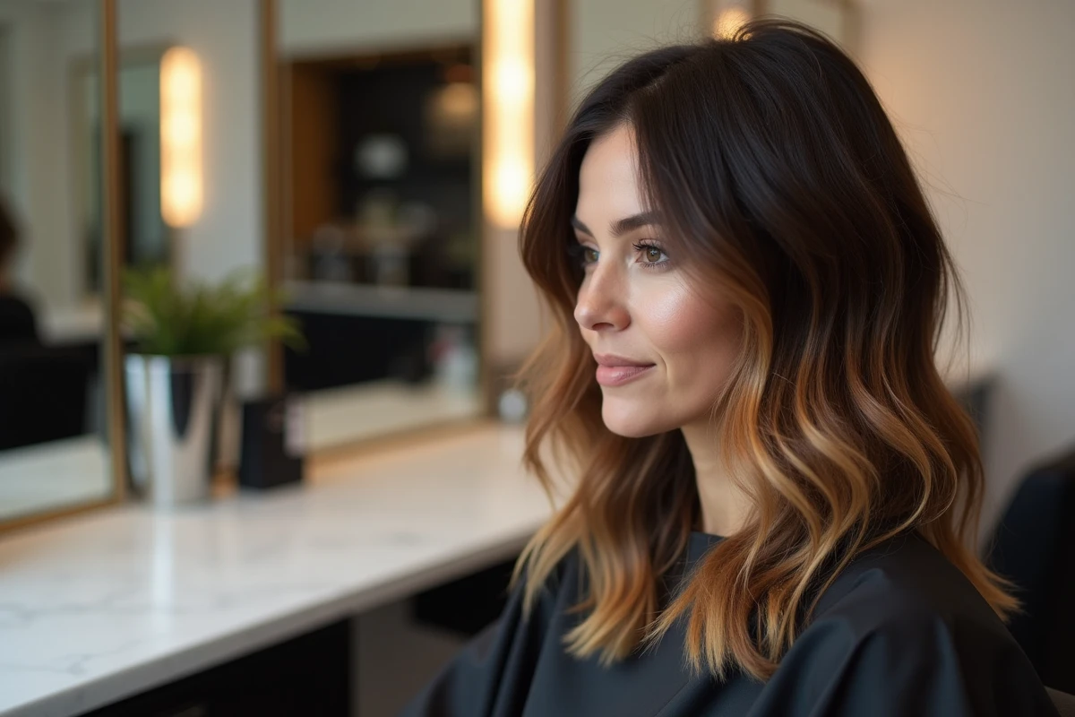 Femme aux cheveux châtain foncé avec balayage blond miel réalisé en salon de coiffure professionnel