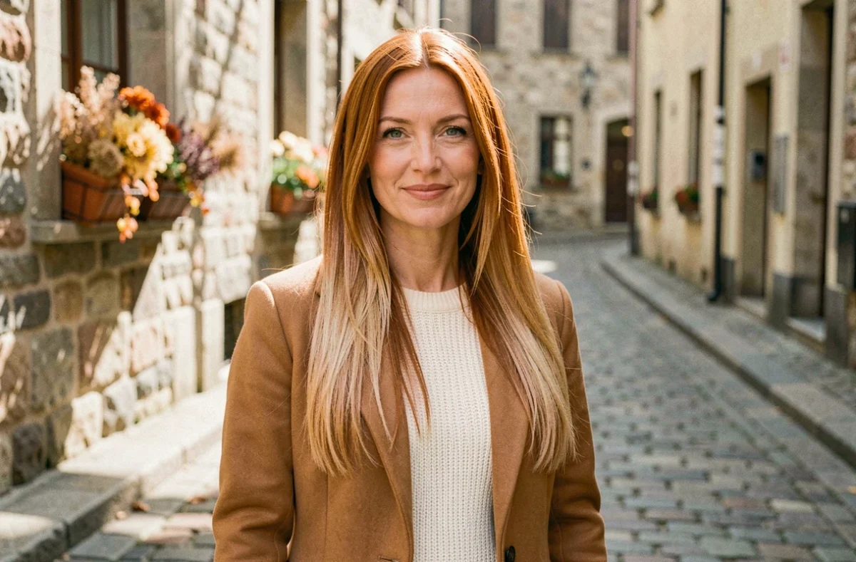 Femme rousse aux yeux verts avec un balayage blond fraise et des cheveux longs lisses dans une rue pavée européenne en automne