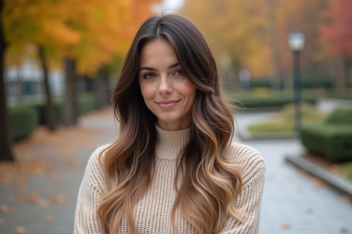 Balayage caramel et blond cendré sur cheveux longs châtain foncé en extérieur