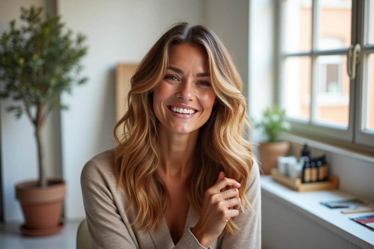 Femme aux cheveux balayage caramel tendance 2026 dans un studio de coiffure élégant à Toulouse