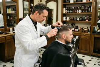 Barbier réalisant une coupe taper sur un client dans un salon de coiffure vintage avec miroirs et mobilier en bois