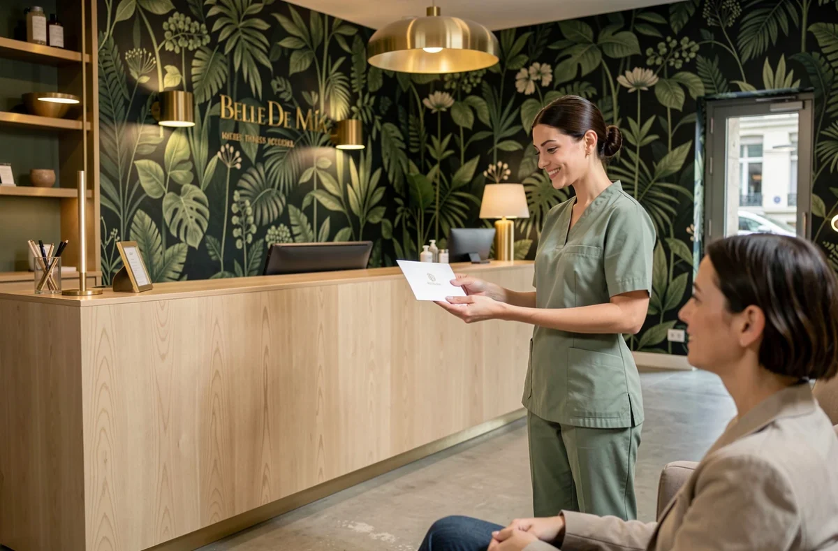 Réceptionniste du spa urbain Belle De Maïa à Lyon accueillant une cliente dans un intérieur au décor botanique et laiton brossé