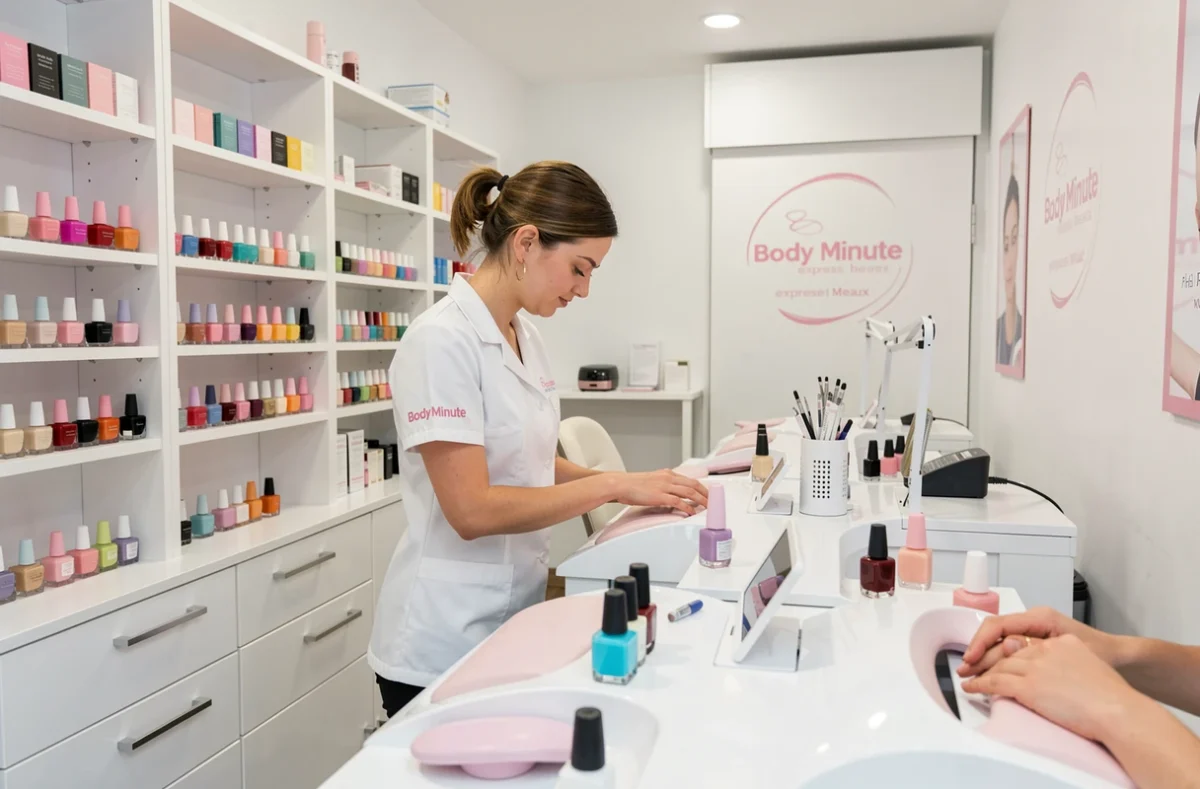 Intérieur du salon Body Minute à Meaux avec stations de manucure et produits de soin exposés sur des étagères blanches