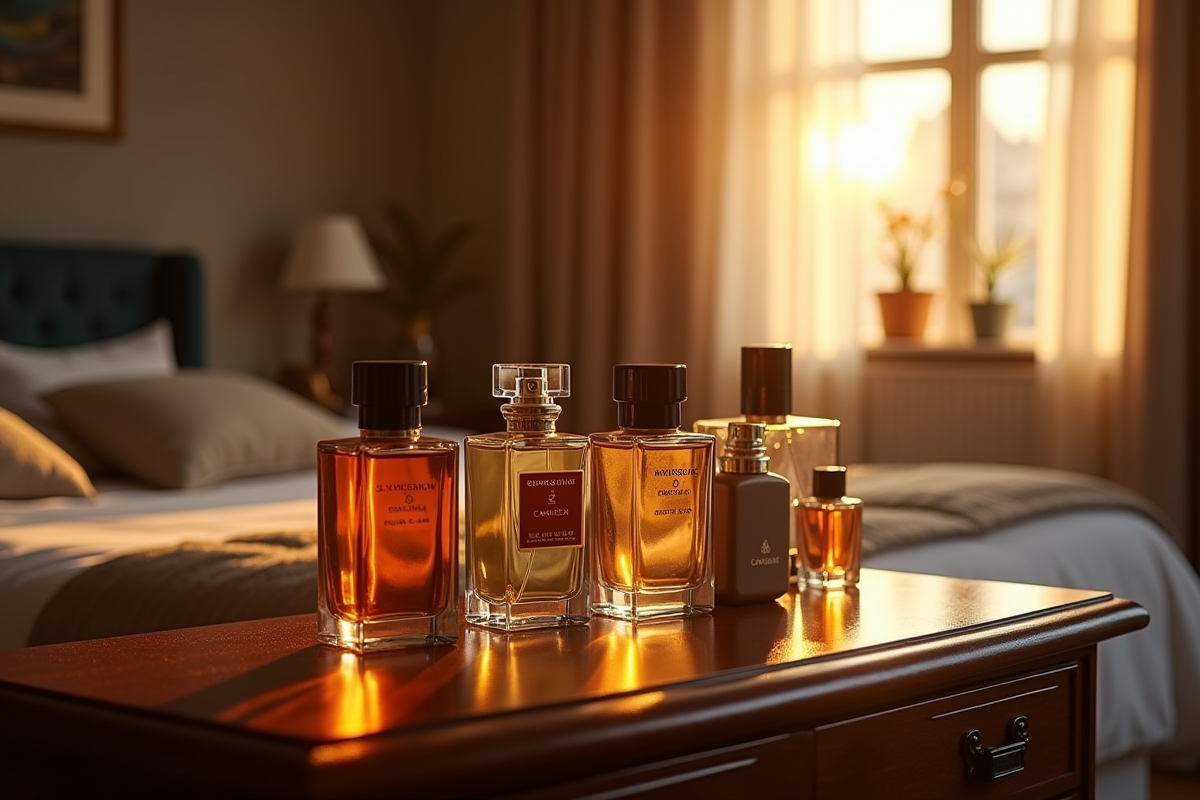 Collection de bouteilles de parfum pour homme sur une commode en bois