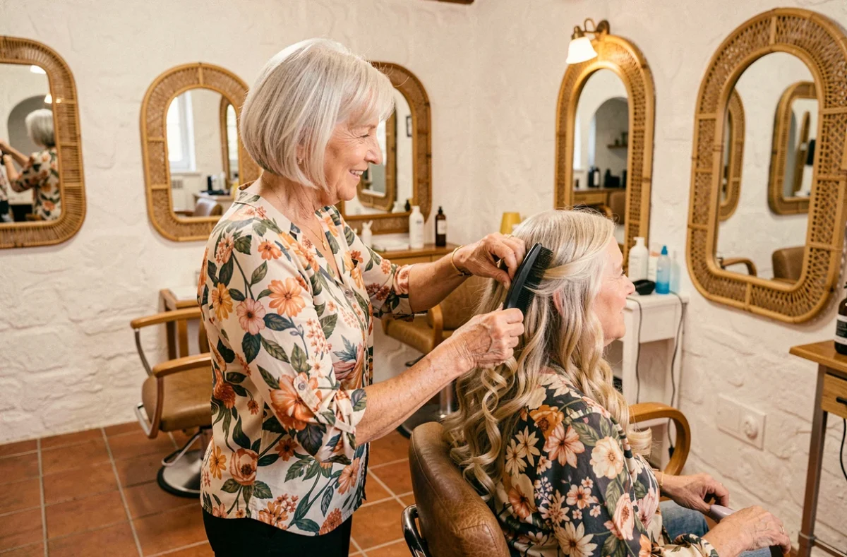 Coiffeuse et cliente dans un moment chaleureux au salon Brigitte Coiffure à La Flotte sur l'île de Ré