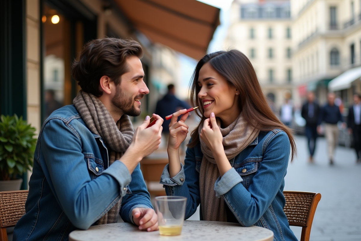 Deux amis discutant au café parisien en extérieur