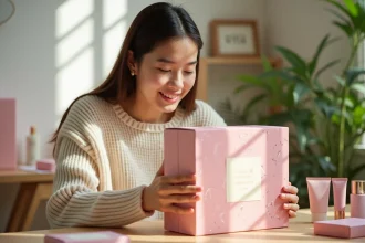 Jeune femme déballant le calendrier de l'Avent YesStyle K-beauty avec des produits coréens sur un bureau en bois