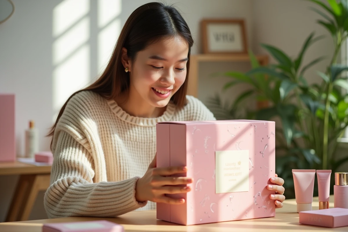 Jeune femme déballant le calendrier de l'Avent YesStyle K-beauty avec des produits coréens sur un bureau en bois