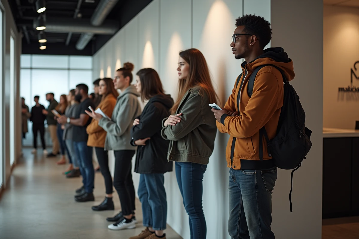 Groupe de jeunes en ligne pour un casting dans une agence