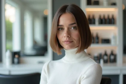 Femme aux cheveux fins avec un carré plongeant élégant dans un salon de coiffure parisien moderne
