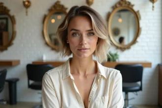 Femme aux joues rondes avec un carré plongeant court destructuré dans un salon de coiffure parisien