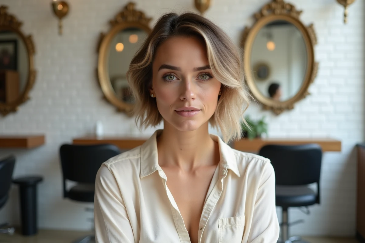 Femme aux joues rondes avec un carré plongeant court destructuré dans un salon de coiffure parisien