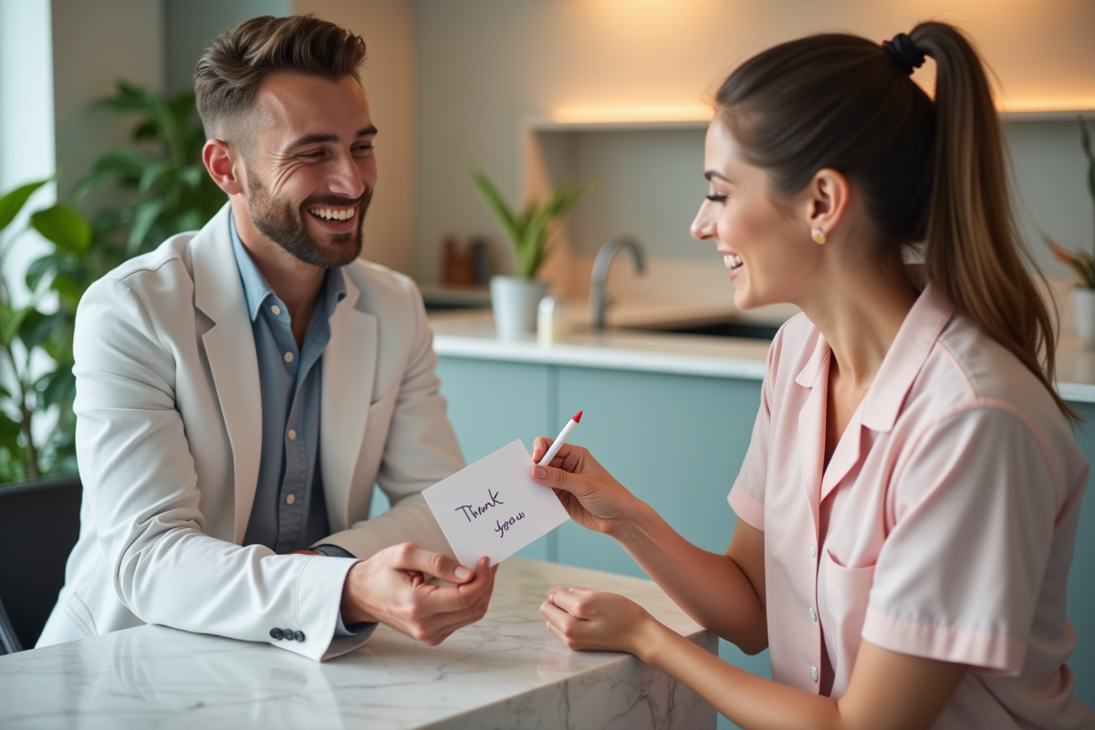 Homme remet carte de remerciement a estheticienne