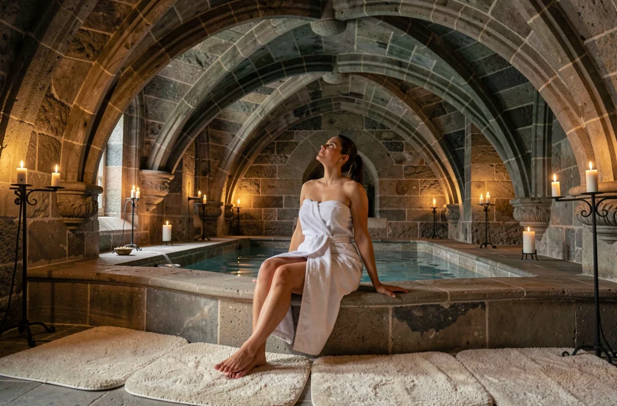 Femme en serviette blanche se relaxant dans l'espace spa voûté en pierre du Château de la Commanderie près de Grenoble
