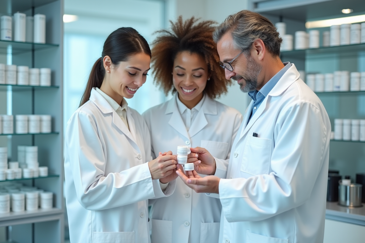 Jeunes chercheurs en blouse dans un laboratoire de cosmétiques