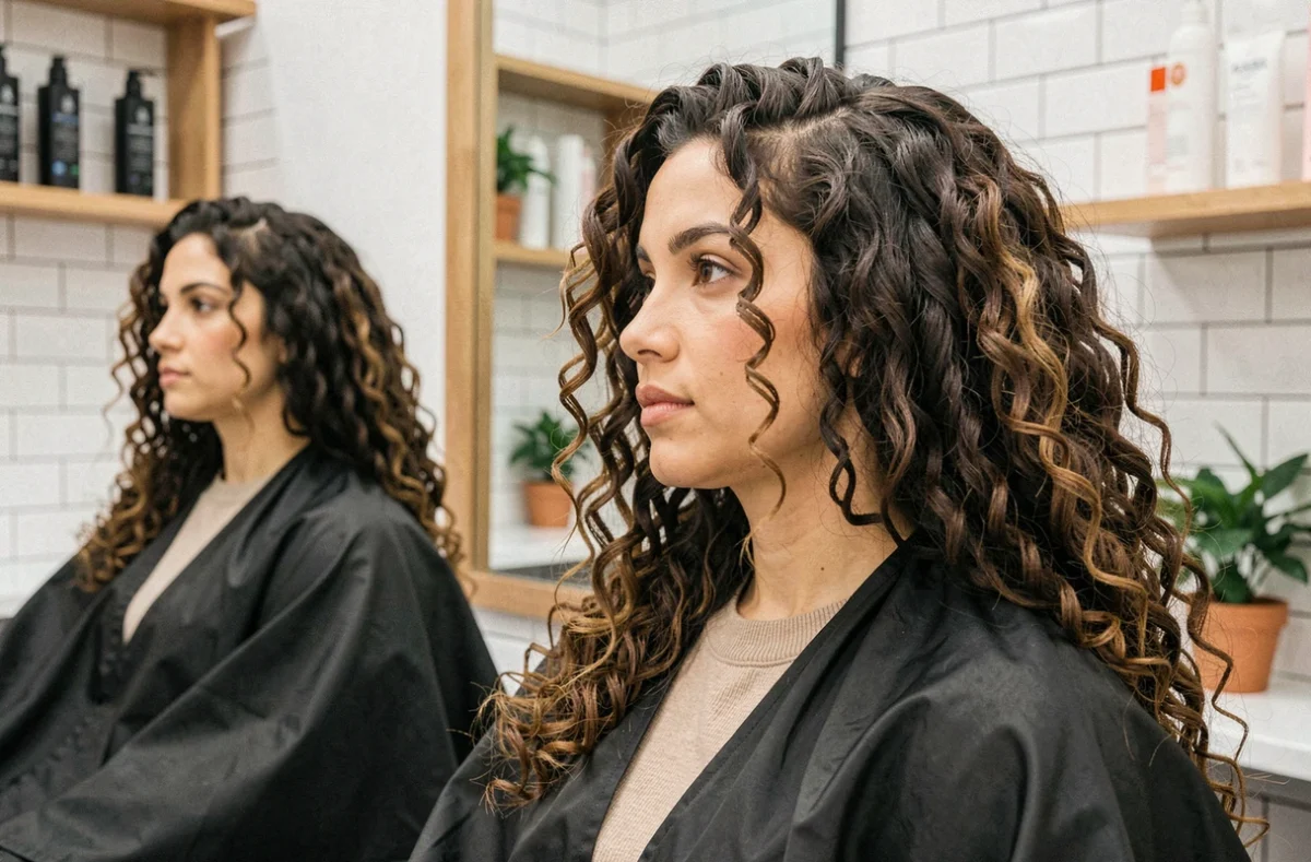 Femme aux cheveux longs bouclés en transition assise dans un fauteuil de salon de coiffure, regardant son reflet dans le miroir
