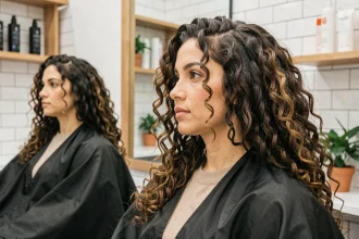 Femme aux cheveux longs bouclés en transition assise dans un fauteuil de salon de coiffure, regardant son reflet dans le miroir