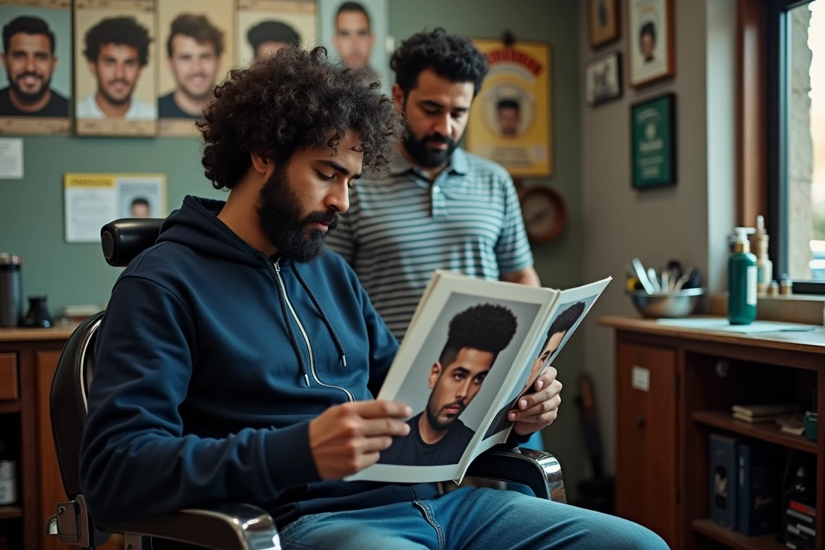Client aux cheveux frisés montrant une référence magazine à son coiffeur dans un salon de quartier authentique