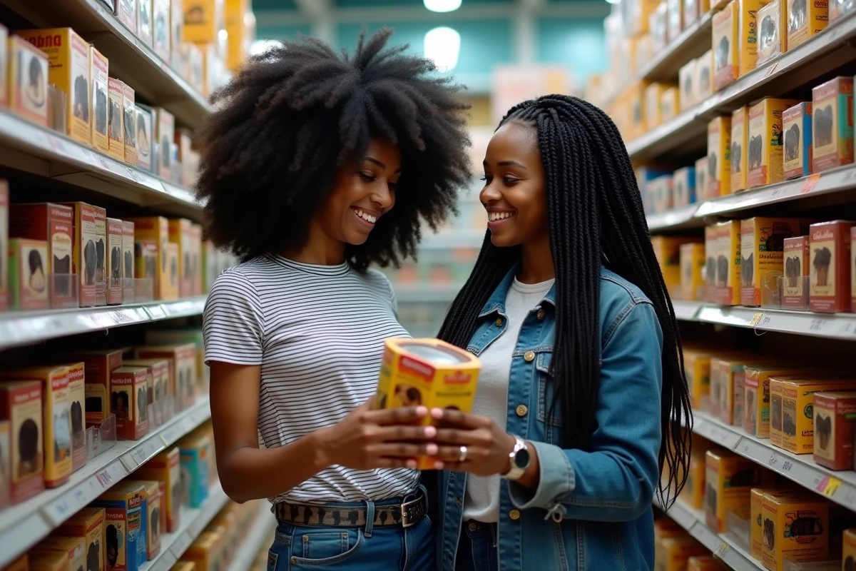 Deux femmes comparant des mèches afro dans le rayon d'une boutique capillaire spécialisée