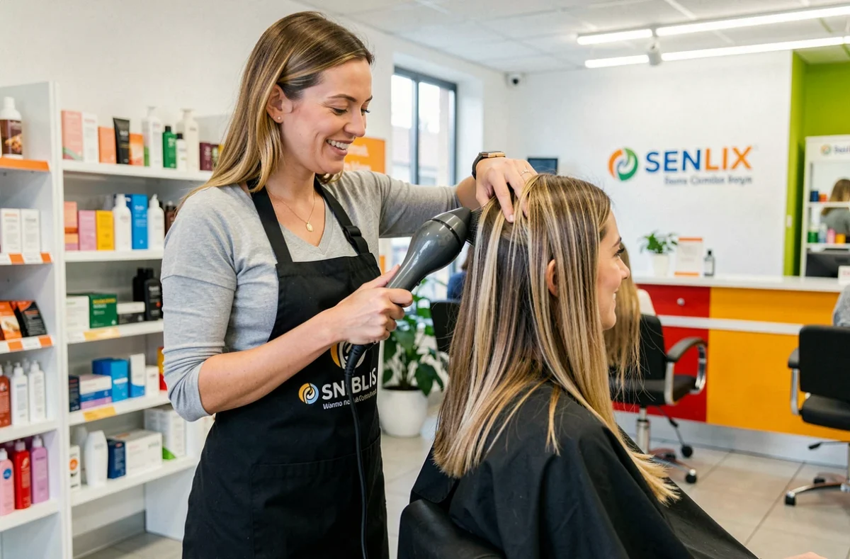 Coiffeuse effectuant un brushing sur une cliente dans le salon Coiff&Co à Senlis avec comptoir d'accueil en arrière-plan
