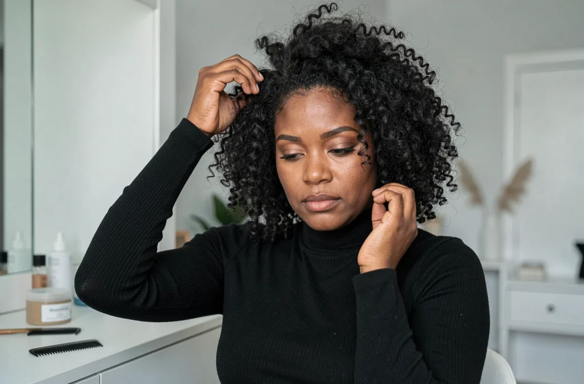 Femme aux cheveux frisés géométriques se coiffant devant une coiffeuse minimaliste à la maison