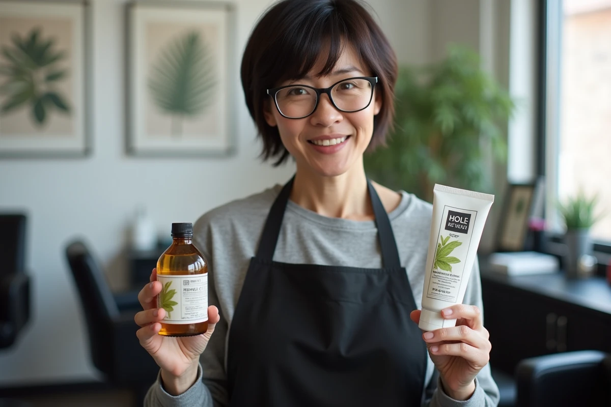 Coiffeuse professionnelle comparant une huile végétale et un protecteur thermique en salon de coiffure