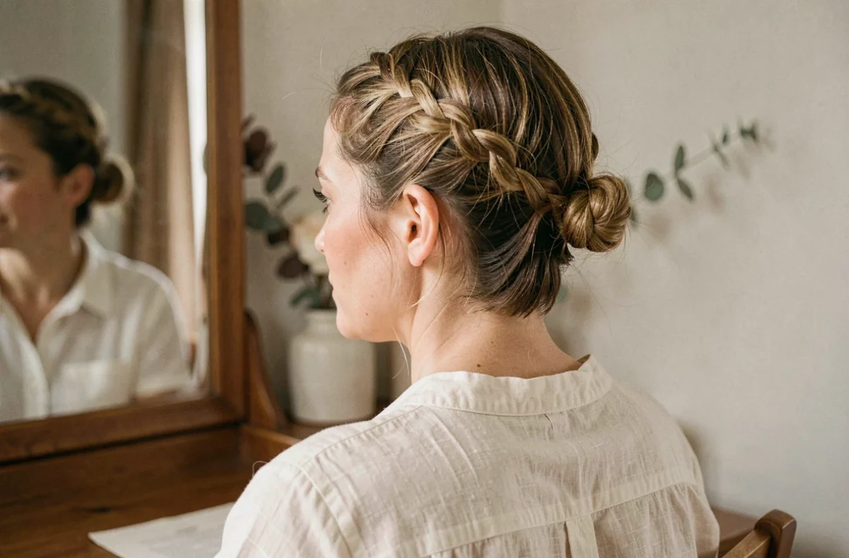 Femme aux cheveux fins et courts avec une tresse couronne soignée, assise devant une coiffeuse en bois dans une chambre aux tons neutres