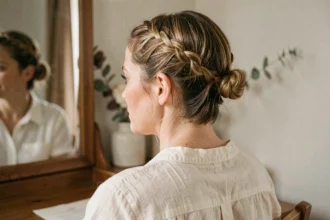 Femme aux cheveux fins et courts avec une tresse couronne soignée, assise devant une coiffeuse en bois dans une chambre aux tons neutres