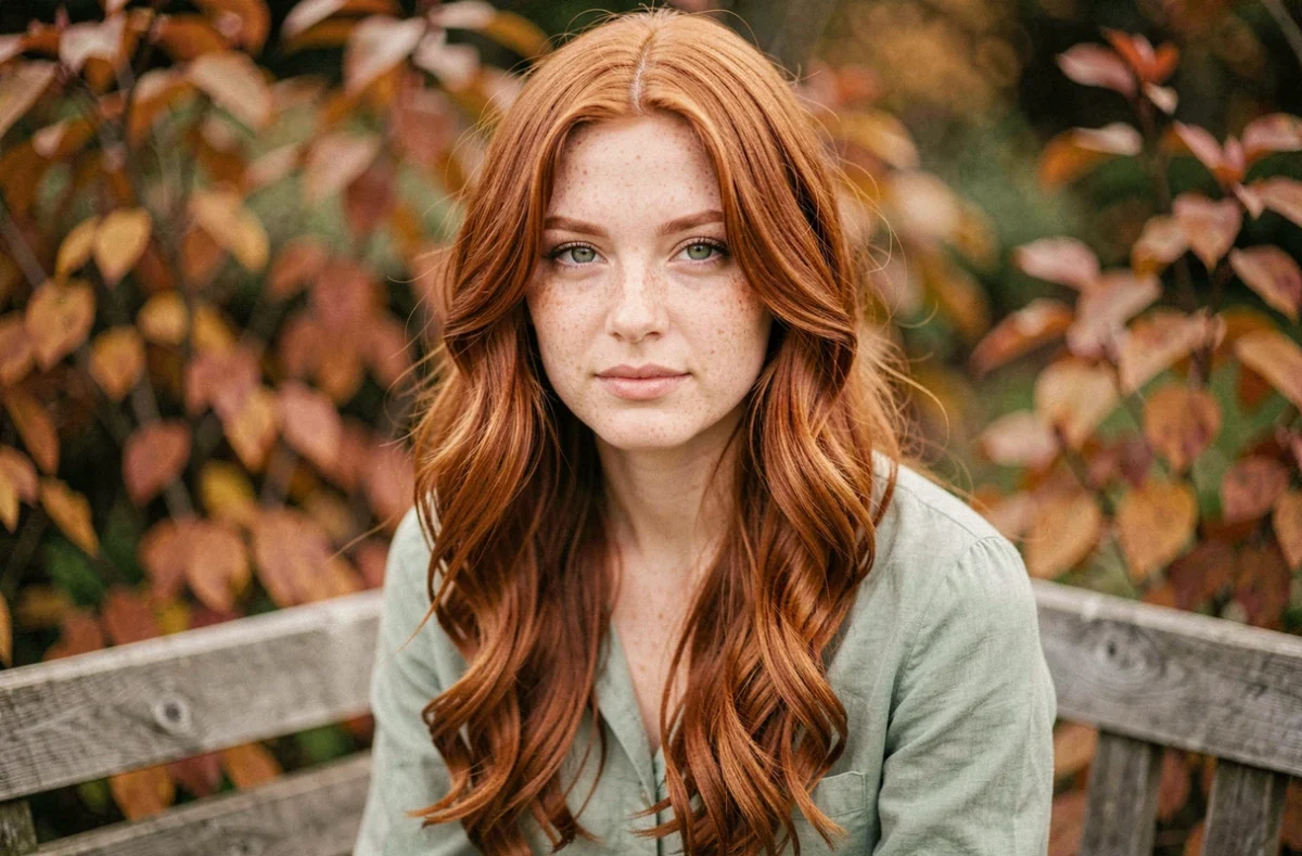 Jeune femme rousse aux yeux verts avec des boucles romantiques et des reflets cuivrés naturels, assise en extérieur parmi le feuillage automnal