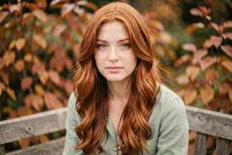 Jeune femme rousse aux yeux verts avec des boucles romantiques et des reflets cuivrés naturels, assise en extérieur parmi le feuillage automnal