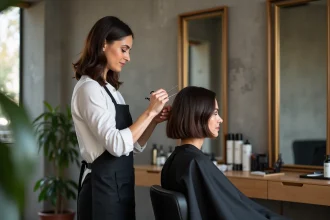 Coiffeuse professionnelle réalisant une coupe tendance bob texturé sur une cliente dans un salon de coiffure moderne à Toulouse