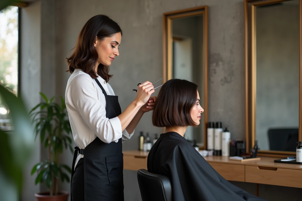 Coiffeuse professionnelle réalisant une coupe tendance bob texturé sur une cliente dans un salon de coiffure moderne à Toulouse