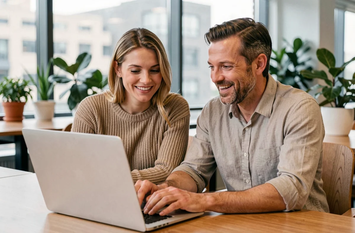 Deux collègues L'Oréal comparant des offres salariés sur un ordinateur portable dans un bureau moderne