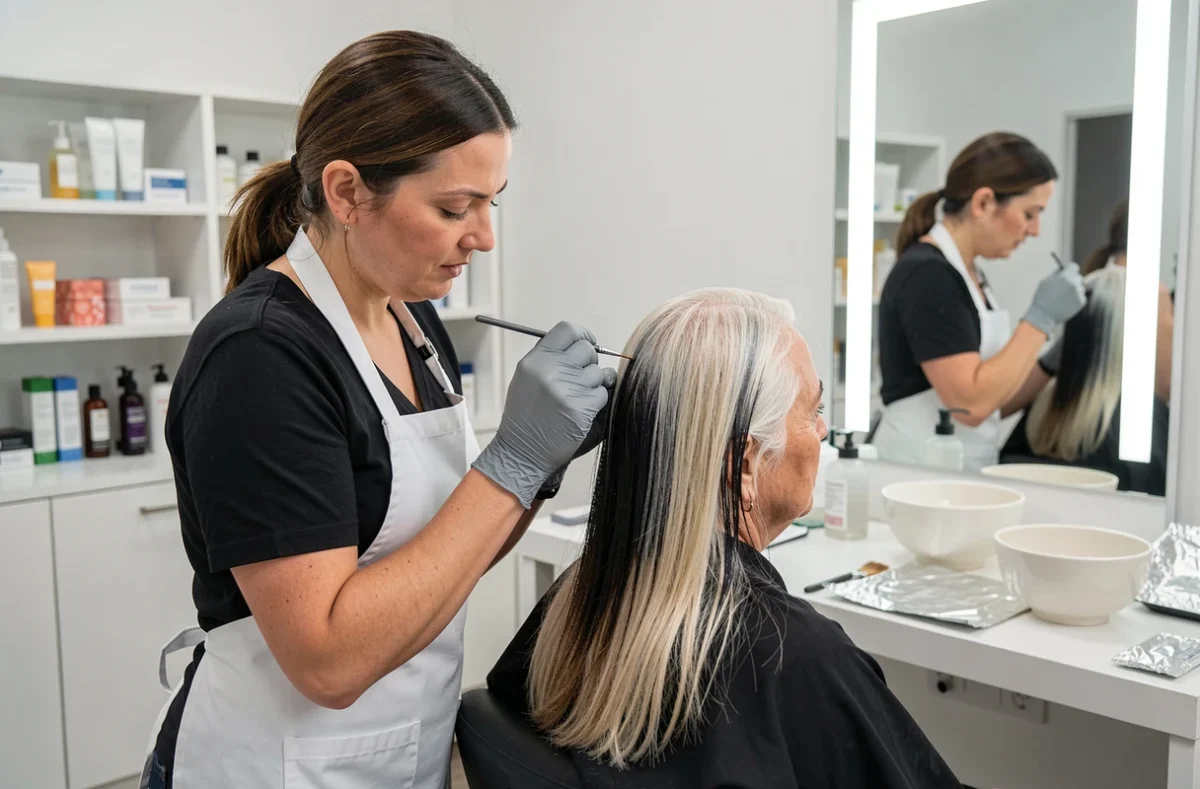 Coloriste professionnelle appliquant une technique blended grey sur les cheveux sel et poivre d'une cliente en salon moderne