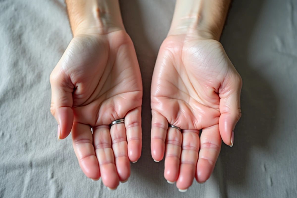 Comparaison de deux mains adultes montrant un ongle fissuré et un ongle sain sur tissu gris pour illustrer les symptômes
