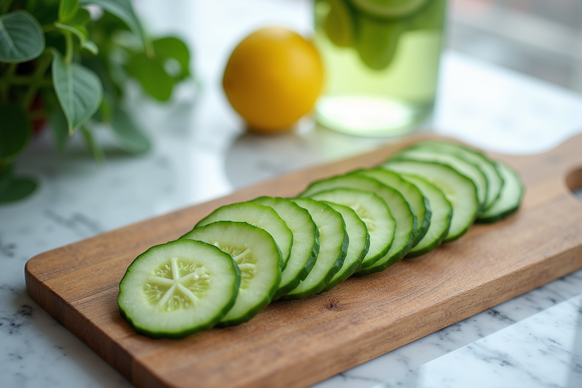 Tranches de concombre sur planche en bois avec eau infusée