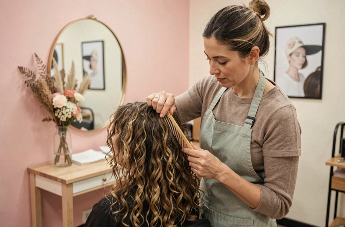 Coiffeuse prenant soin des cheveux bouclés d'une cliente dans le salon Confidentiel à Puilboreau
